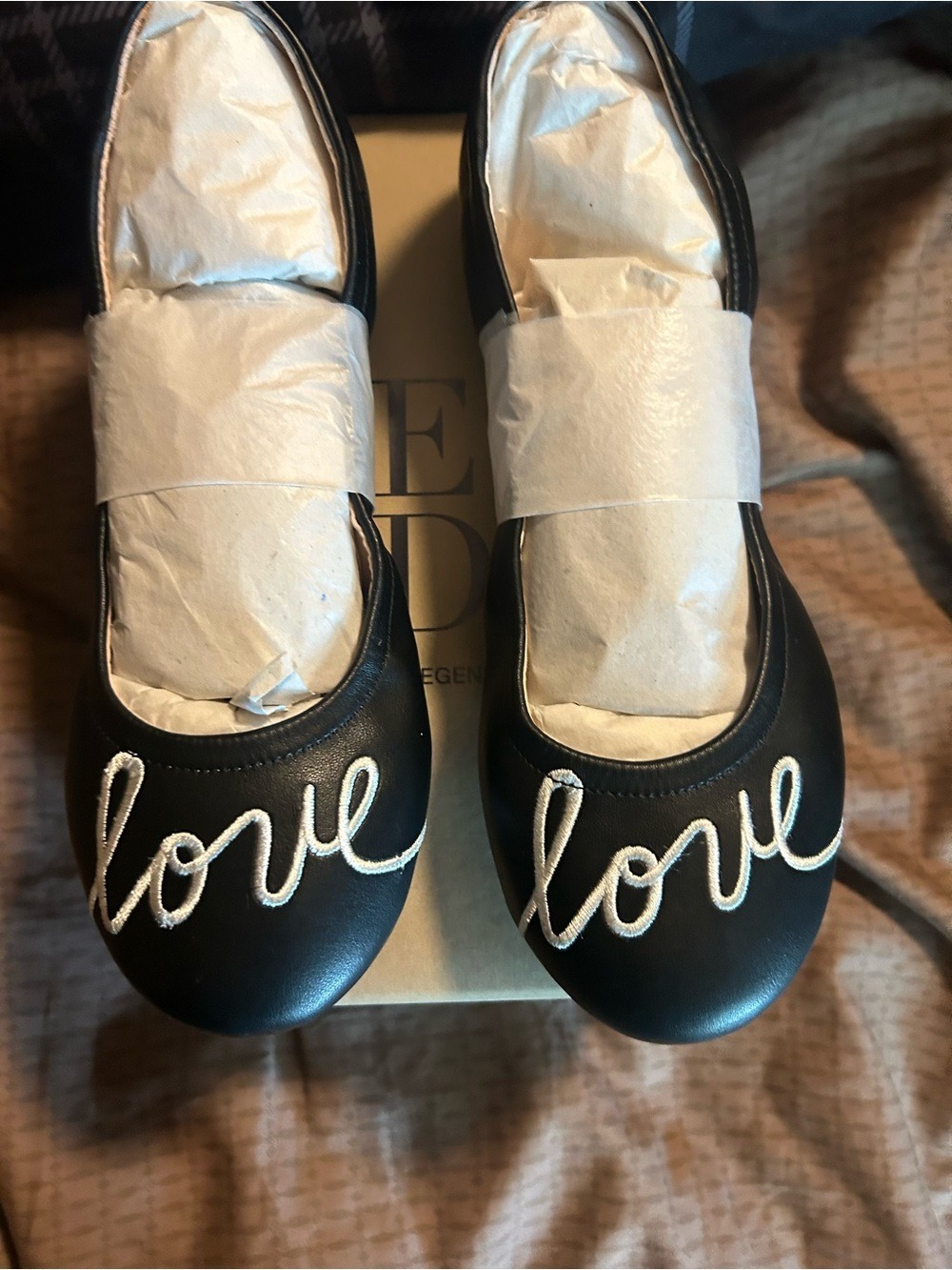 Ellen DeGeneres Black Kids Ballet Flats with White "Love" Embroidery